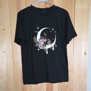 Black T-Shirt with Mushroom and Moon Design